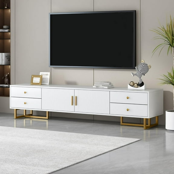 Amposei Modern TV Stand with Drawers for TVs up to 75'', Media Console Storage Cabinet Entertainment Center Furniture for Living Room Bedroom, Gold Metal Legs, 70.9-Inch, White