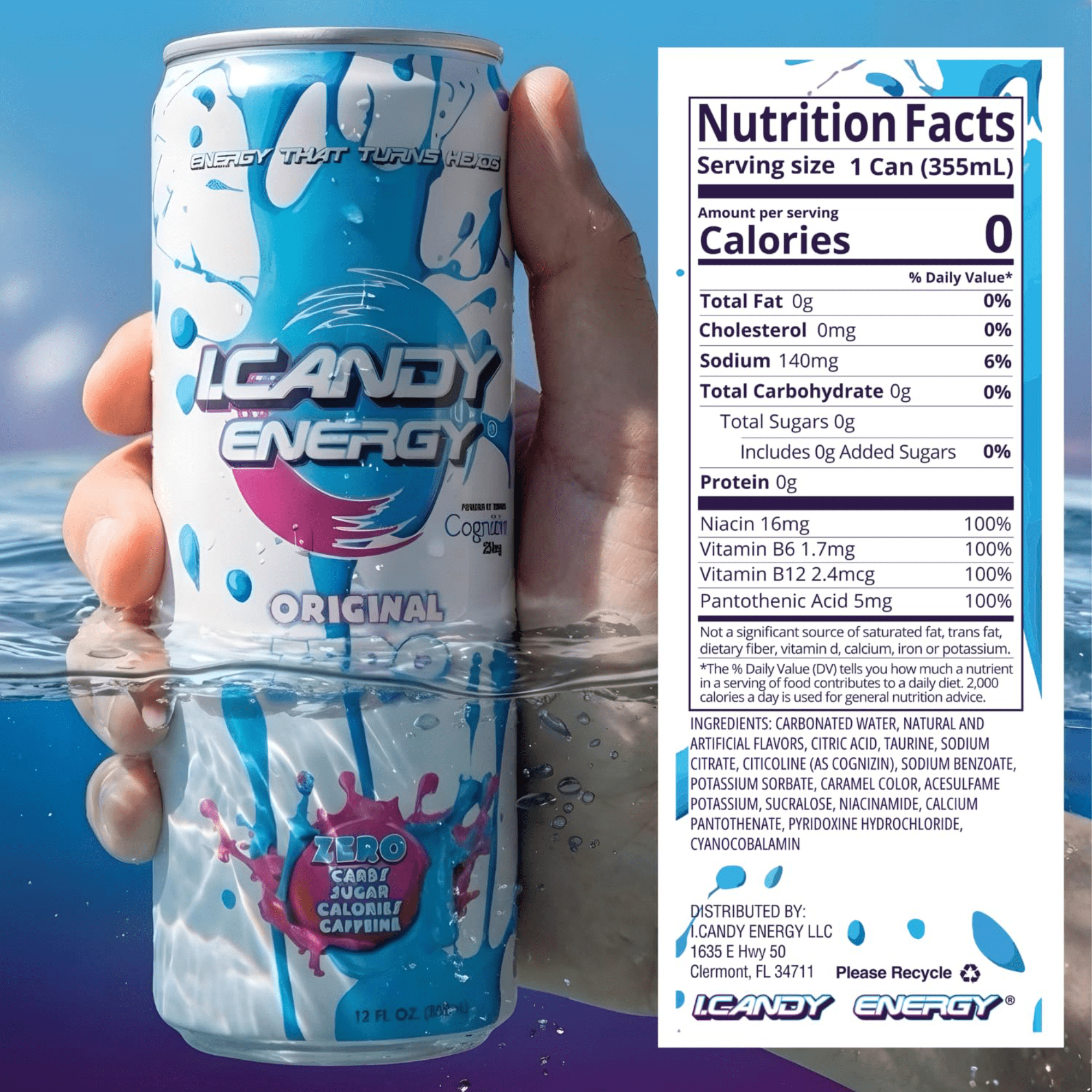 I.Candy Energy Drink – Original Zero, Sugar-Free, Calorie-Free, Carb-Free Energy Beverage, 12 fl oz, 24 Pack