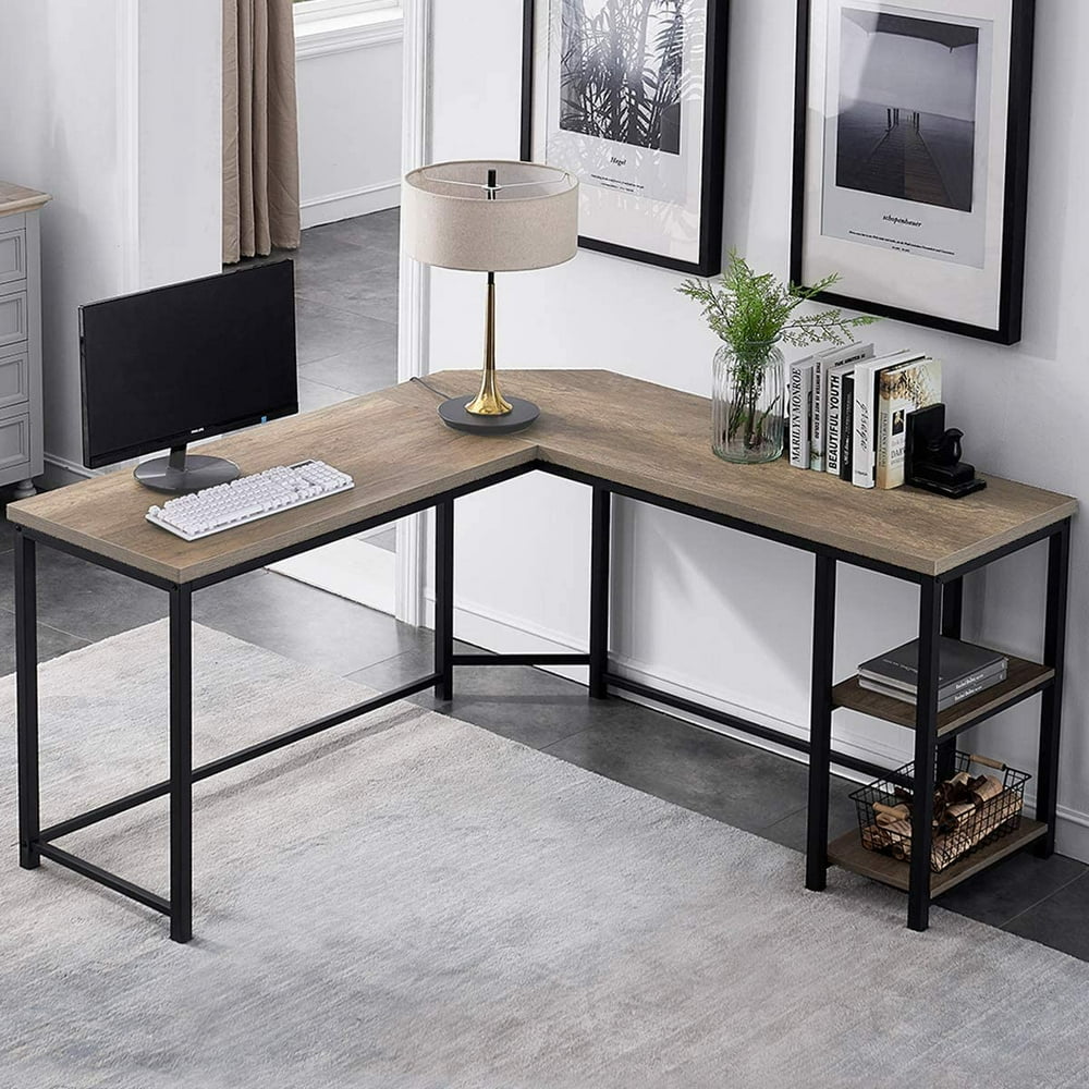 Erommy LShaped Computer Desk,SpaceSaving Corner Desk with Storage Shelves,Home Office Desk