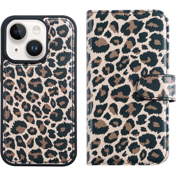 for iPhone 14 Plus Wallet Case,Detachable Flip Folio Cover RFID Blocking 4 Card Slots Holder Premium PU Leather Magnetic Kickstand Protective Phone Case 6.7" Brown Leopard Print
