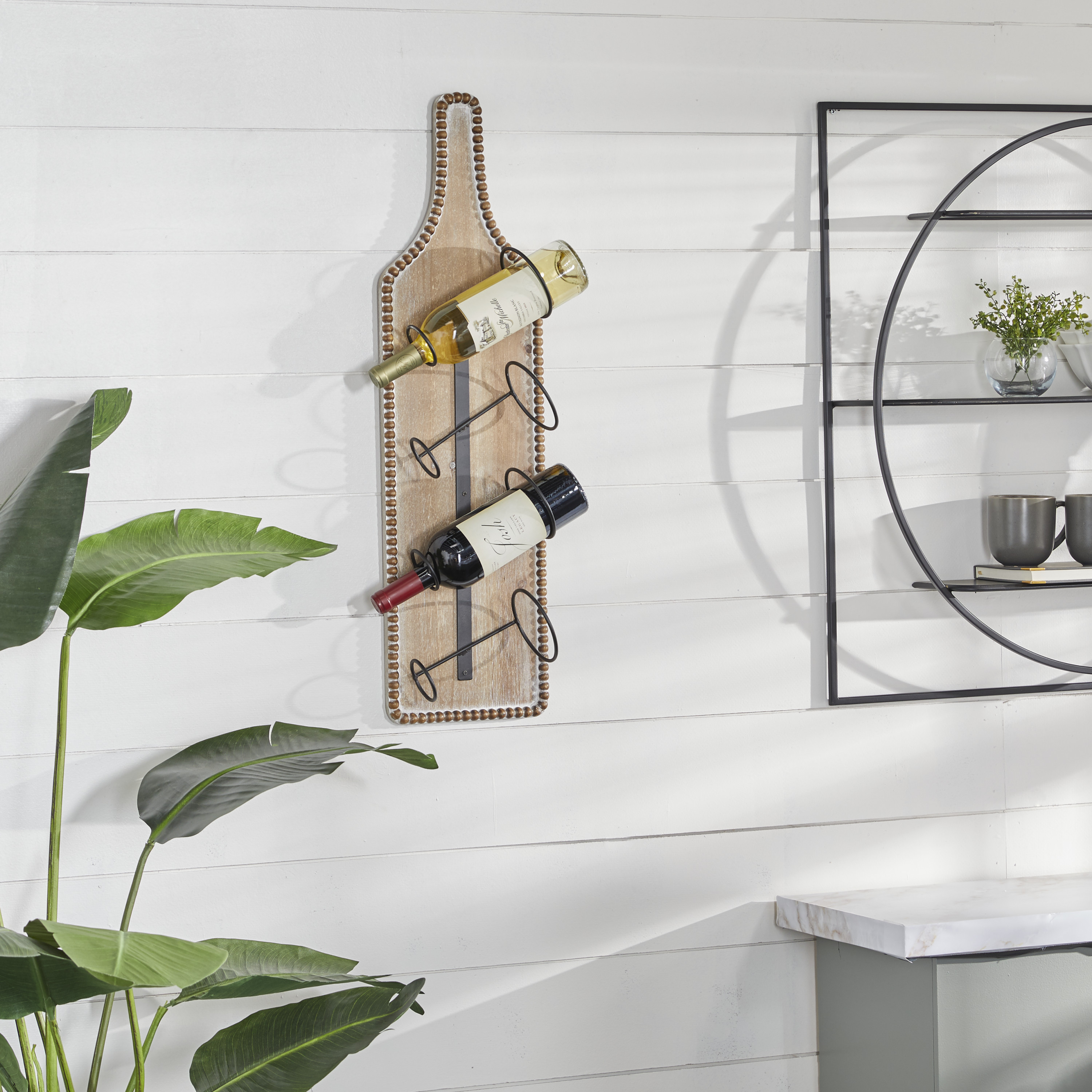 DecMode 9" x 32" Brown Wood Bottle Shaped 4 Bottles Wall Wine Rack with Beaded Frame, 1-Piece