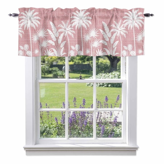 Palm Tree Valances for Windows, Coastal Tropical Monstera Leaf Dusty Pink Linen Texture Valance Window Treatment Rod Pocket Short Curtains Valances for Kitchen Bathroom 42"W x 18"L