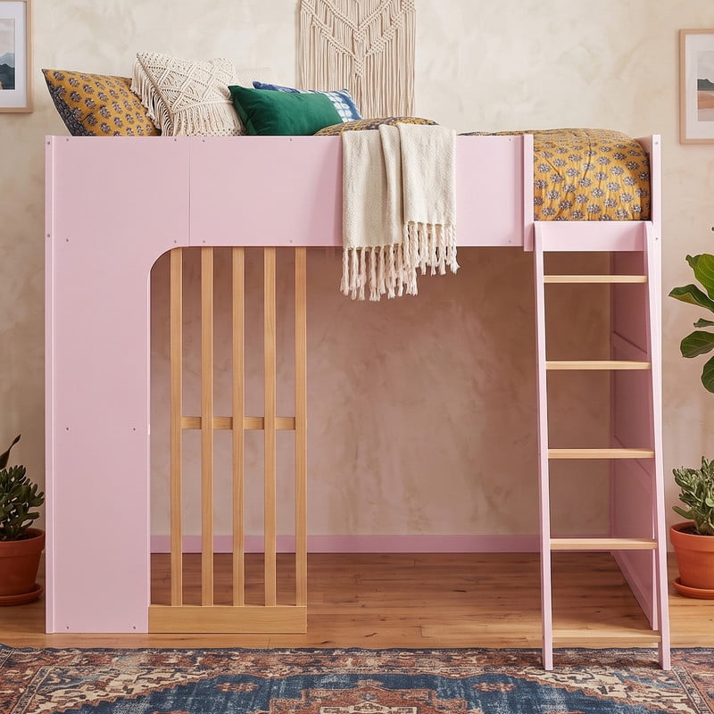 Full Size Kids Loft Bed with Shelves, Wooden High Profile Teens Storage Bed Frame with Ladder and Removable Large Drawer