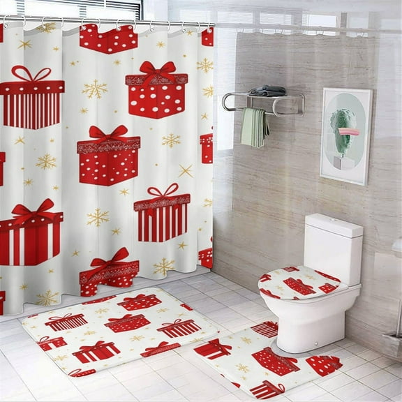 Christmas Style Printing Shower Curtain Bathroom Sets Toilet Lid Rug, Rugs Mat Bath Mat And Contour Mat, Shower Curtain 4Pcs