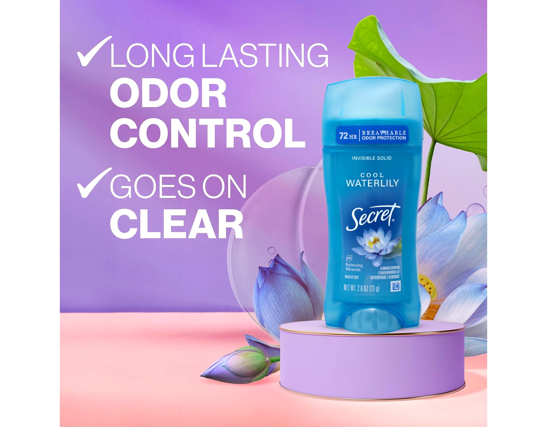 3 Pack - Secret Antiperspirant & Deodorant Invisible Solid Cool Waterlily, 72HR Breathable Sweat & Odor Protection, 2.6 OZ