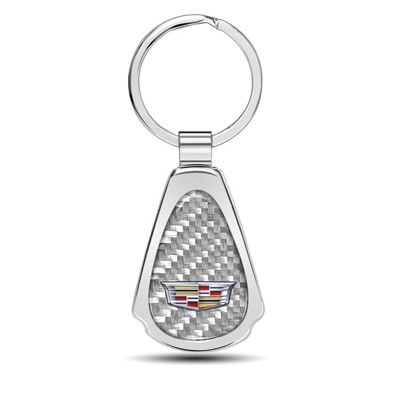 iPick Image for Cadillac Crest Logo Real Silver Dome Carbon Fiber Chrome Metal Teardrop Key Chain, Official Licensed