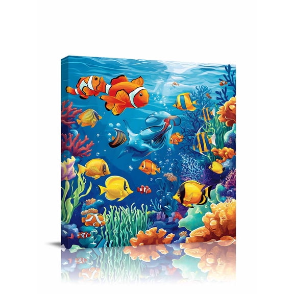 Ocean Marine Canvas Wall Art, Life Fish Coral Seagrass Underwater Coastal Framed Wall Decor Modern Artwork Prints Painting for Living Room, Bedroom, Kitchen & Cafe Decor 24x24 Inch
