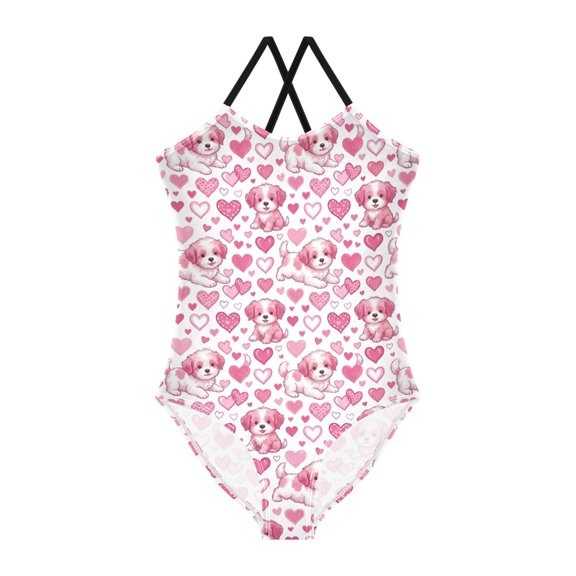 Girls' One-piece Swimsuit Cross Back Bathing Suit Beach Surfing Sizes 3T Pink Dog and Heart