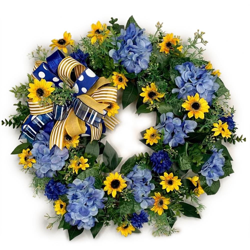 16in Spring Wreath for Front Door Artificial Flower Wreath Ukraine Blue Yellow Summer Wreath with Wildflowers for Wall Window and Farmhouse Decor