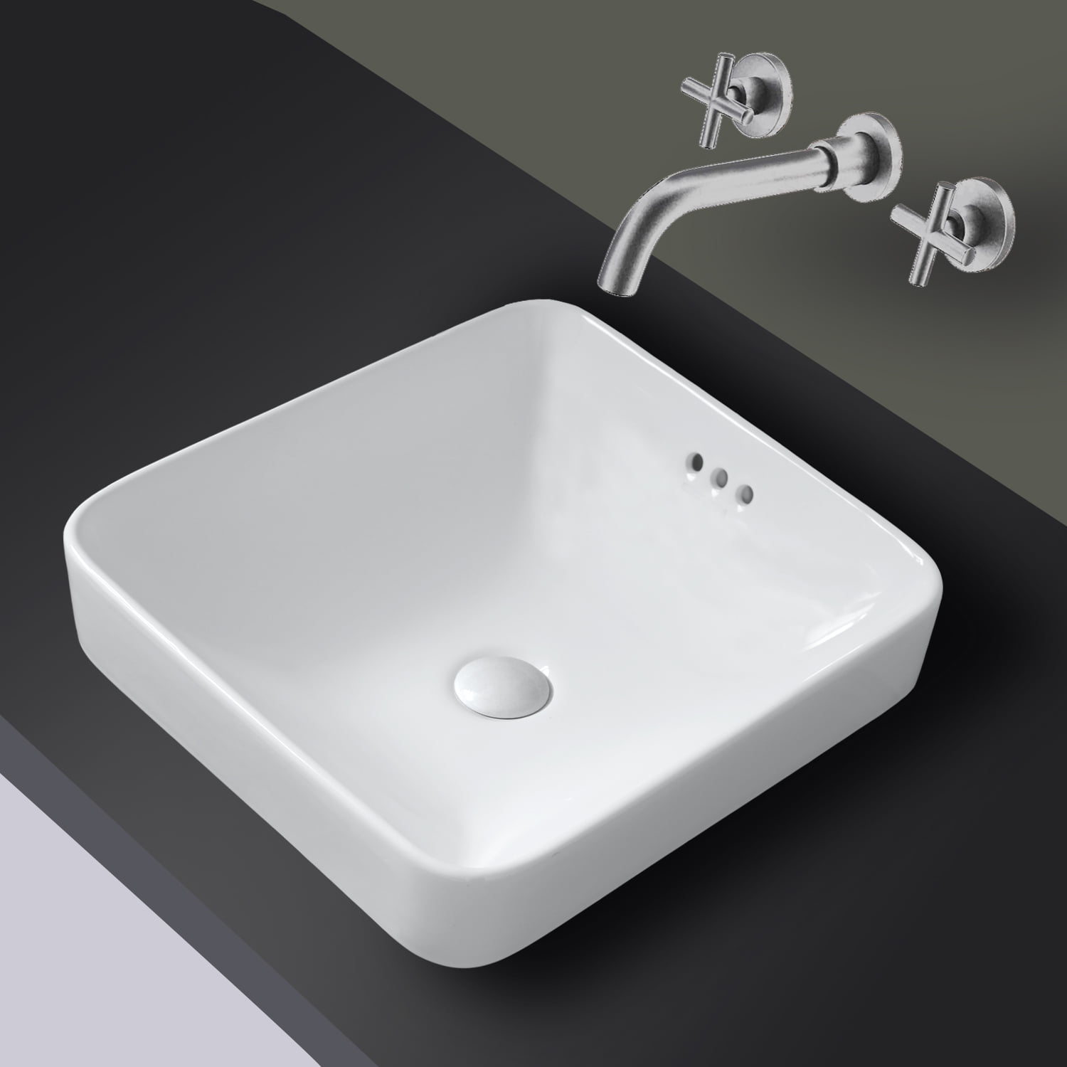 WinZo WZ6173 Square Semi-Recessed Bathroom Sink 16.5" White Ceramic Finish Drop in Vessel Basin