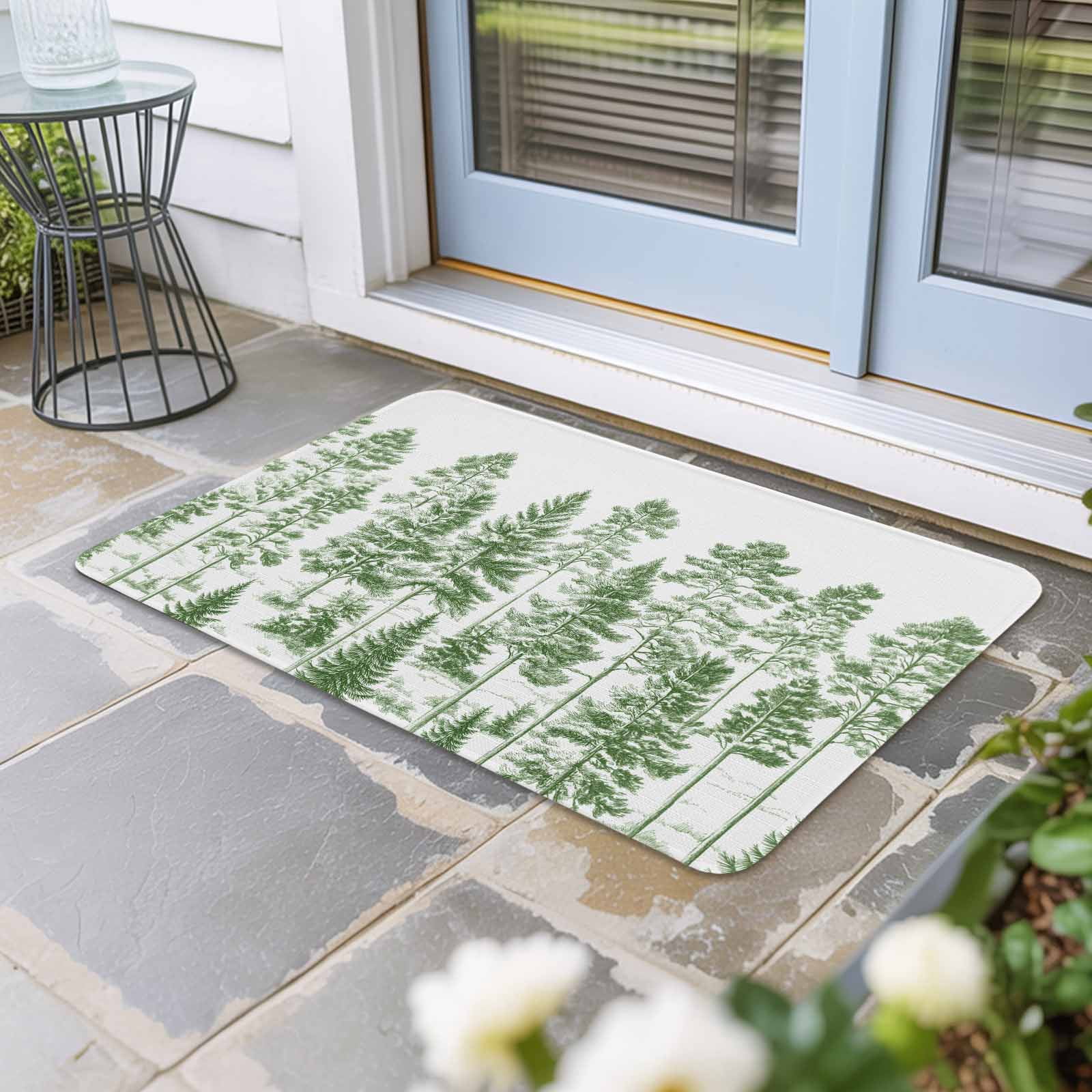 Green Pine Tree Doormat Outdoor Entrance 24"x36", Vintage Watercolor Botanical Absorb Moisture Dirt Door Mats, Non-Slip Rubber Backing Floor Mats Indoor, Low-Profile Front Door Rugs