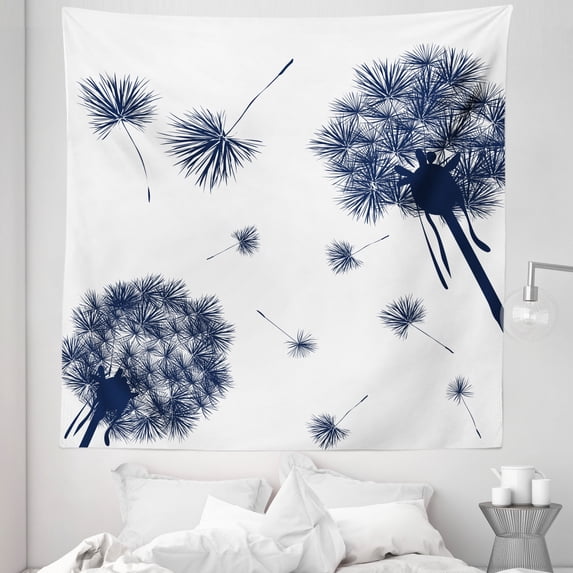 Dandelion Tapestry, Monochrome Flowers with Flying Blooming Nature Inspiration Botany Theme, Fabric Wall Hanging Decor for Bedroom Living Room Dorm, 5 Sizes, Indigo and White, by Ambesonne