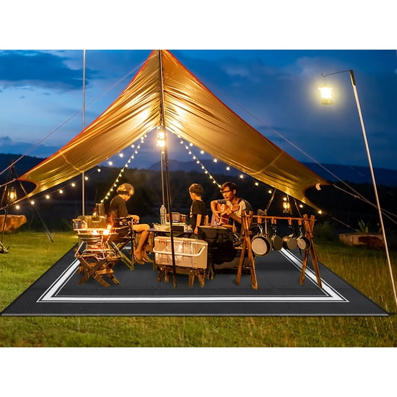 GLOWSOL 8x10ft Outdoor Rug，Waterproof Reversible PP Woven Patio Mat with 4 Stakes for Camping Deck Backyard RV Beach, Black and White