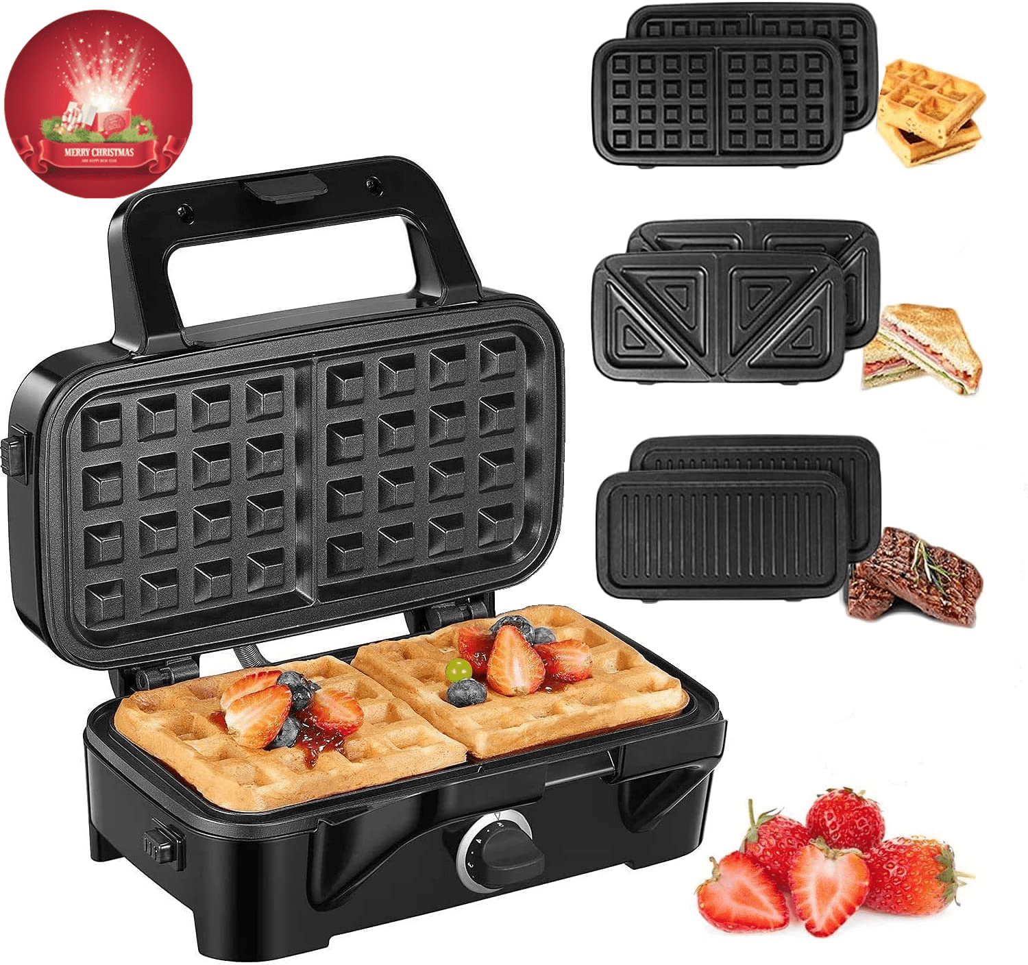 HOUSNAT 3 in 1 Sandwich Maker, Waffle Maker with Removable Plates, 1200W Panini Press with Interchangeable Non-Stick Plates, Indicator Lights, 5-gear