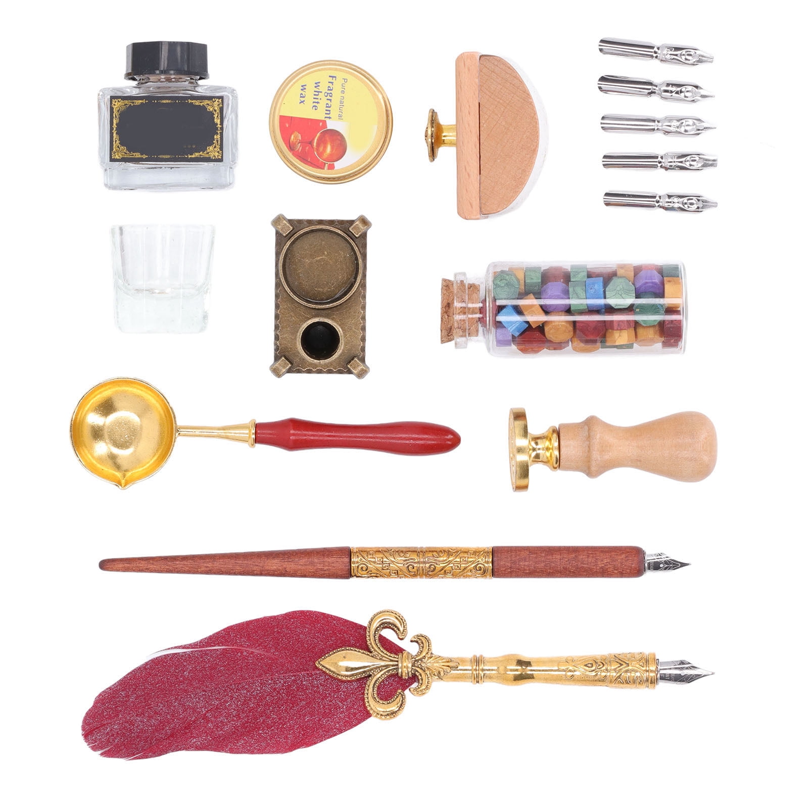 Rupoun Quill Pen and Ink Set Vintage Elegant Glossy Writing Feather Pen Wax Seal Stamp Set Wine Red (11.42 inches / 29 cm)