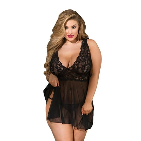 Plus Size Curvy Lace and Mesh Uneven Hemline Babydoll