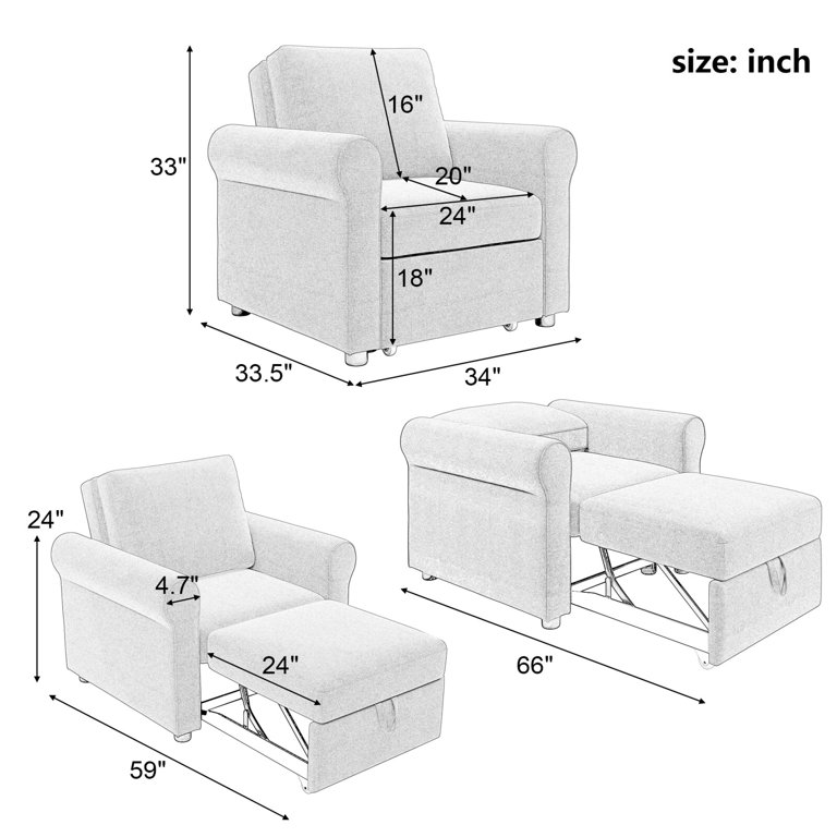 3 in 1 Sleeper Sofa Chair Bed Comfy Linen Single Convertible