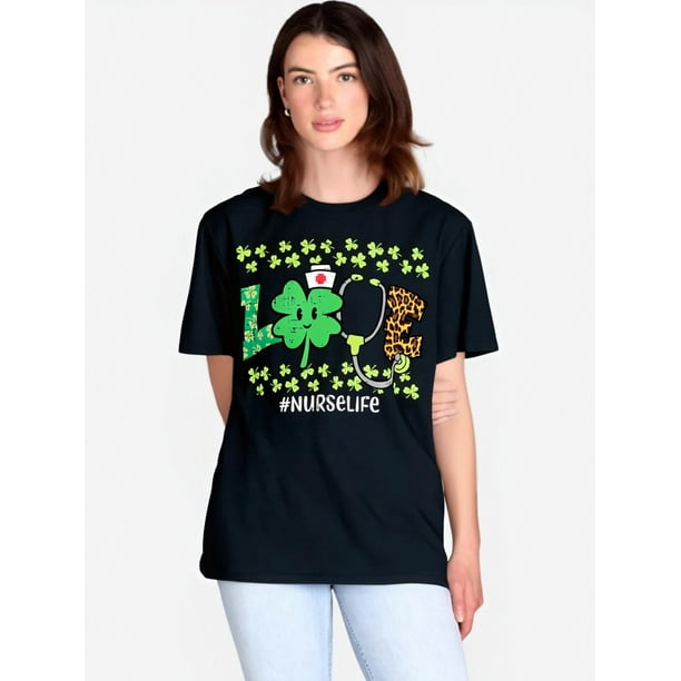 St Patricks Day Love Nurse Life Saint Pattys Scrub Top Women T-Shirt, Oversized Short Sleeve ClassicCamisetas de verano para mujer, manga corta, cuello redondo, casual, lindo, con gráficos, camisetas