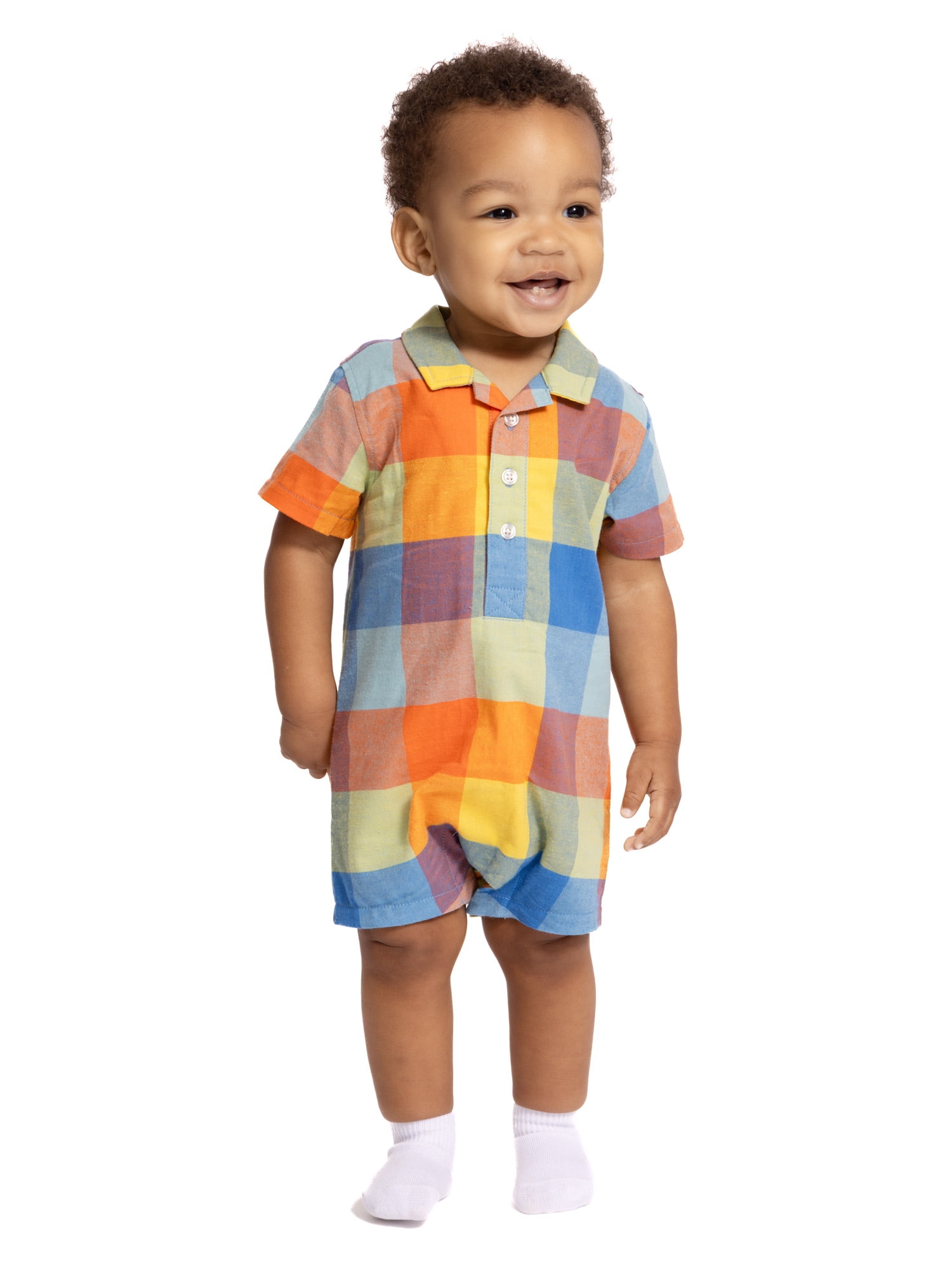 Wonder Nation Baby Boys Plaid Collared Romper with Short Sleeves, Sizes 0/3M-24M