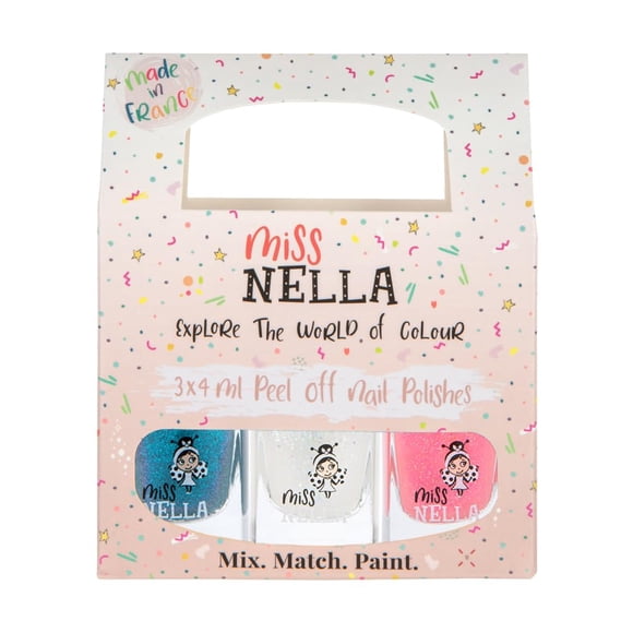 MISS NELLA PARTY COLLECTION Paquete de 3-3 esmaltes de uñas con purpurina y base de agua despegables y sin olor: Blue The Candles (azul), Confetti Clouds (transparente) y Marshmallow Overloud (coral)