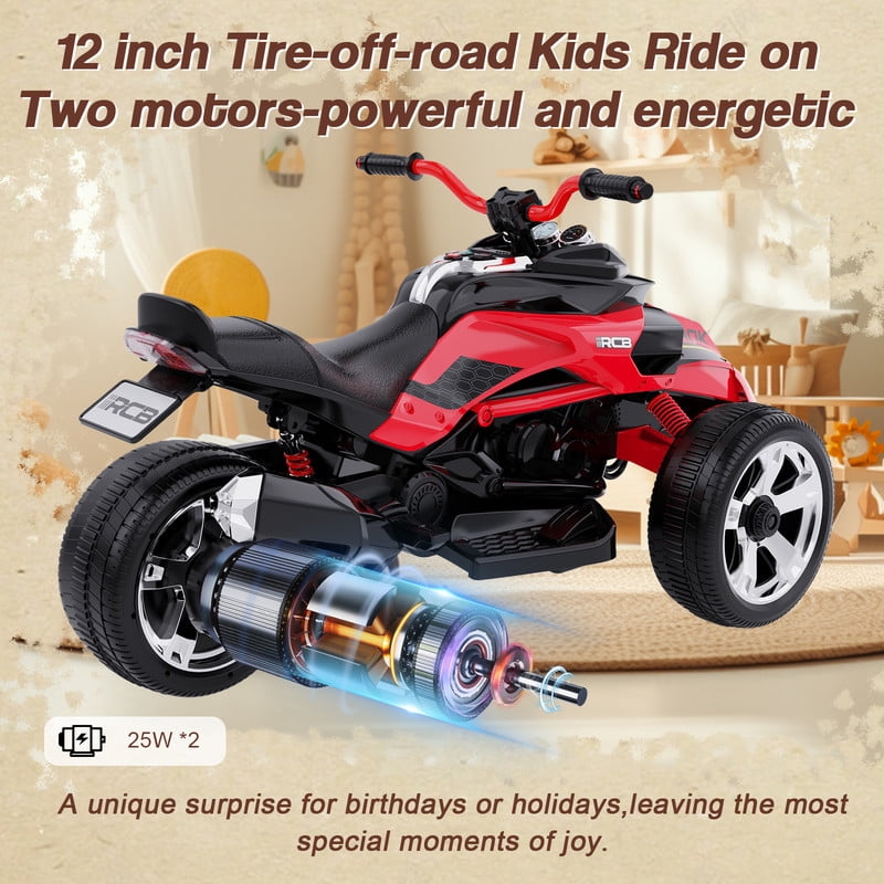 RCB 12V Electric Ride-On,Dual Motors,Music,Up to 5 mph,3 Wheel ATV Style for Kids Ages 3+,Red