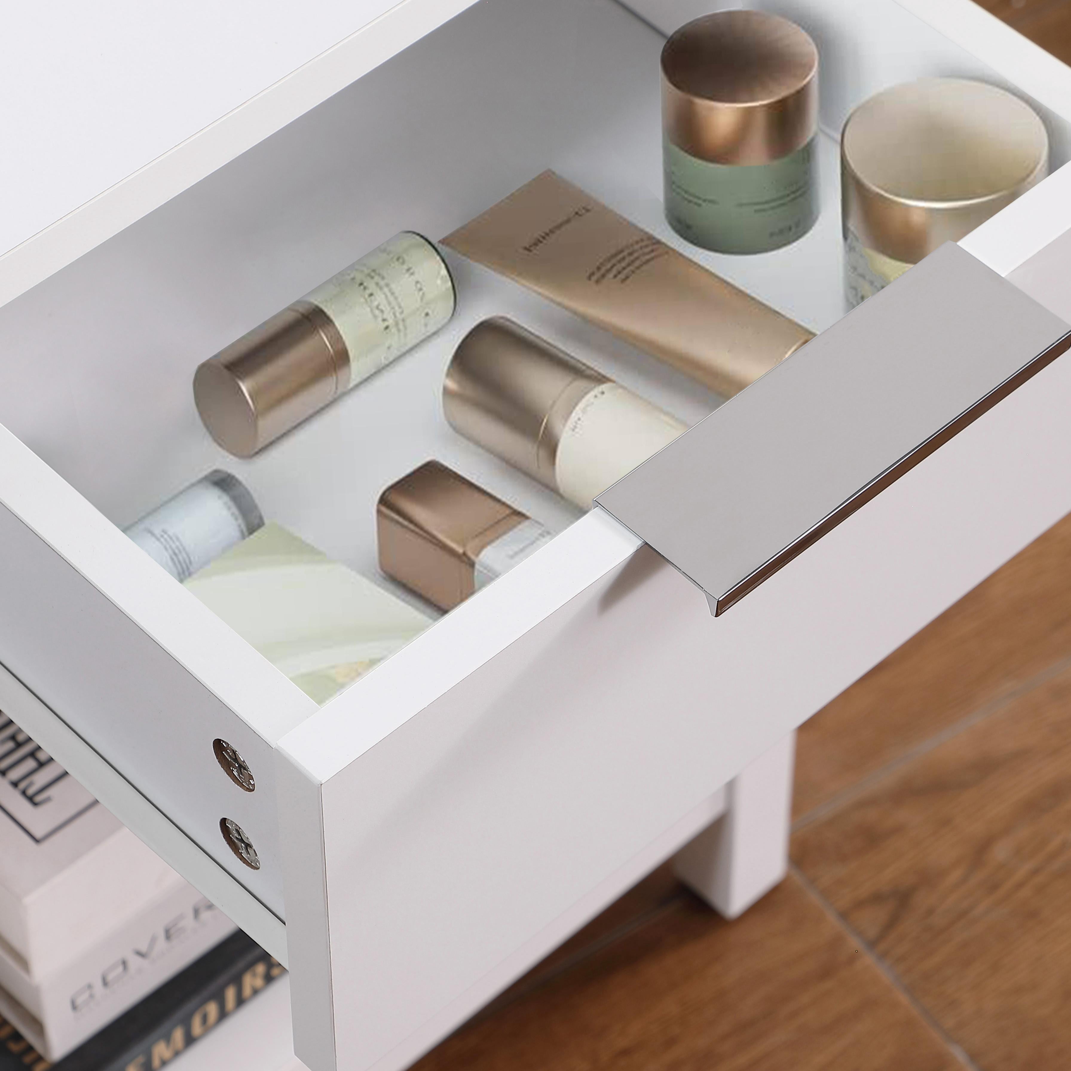 Nightstand with Drawer,3-Tier End Side Table with Storage Drawer and Shelf,Modern Bedside Night Stand for Bedroom, Living Room-Retro White