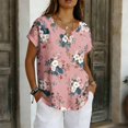 thumbnail image 2 of Vintage Floral V-Neck Tunic Tops for Women - Short Sleeve Button Detail Casual Blouse, Loose Fit Cotton-Linen Look Pullover Shirt for Summer & Vacation Pink L, 2 of 6