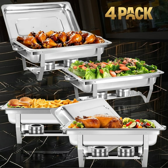 PRIJESSE Chafing Dishes for Buffet 9QT 4 Pack, Food Grade Stainless Steel Chafing Dish Buffet Set w/Foldable Frame, for Catering, Holiday, with Full Size Pan
