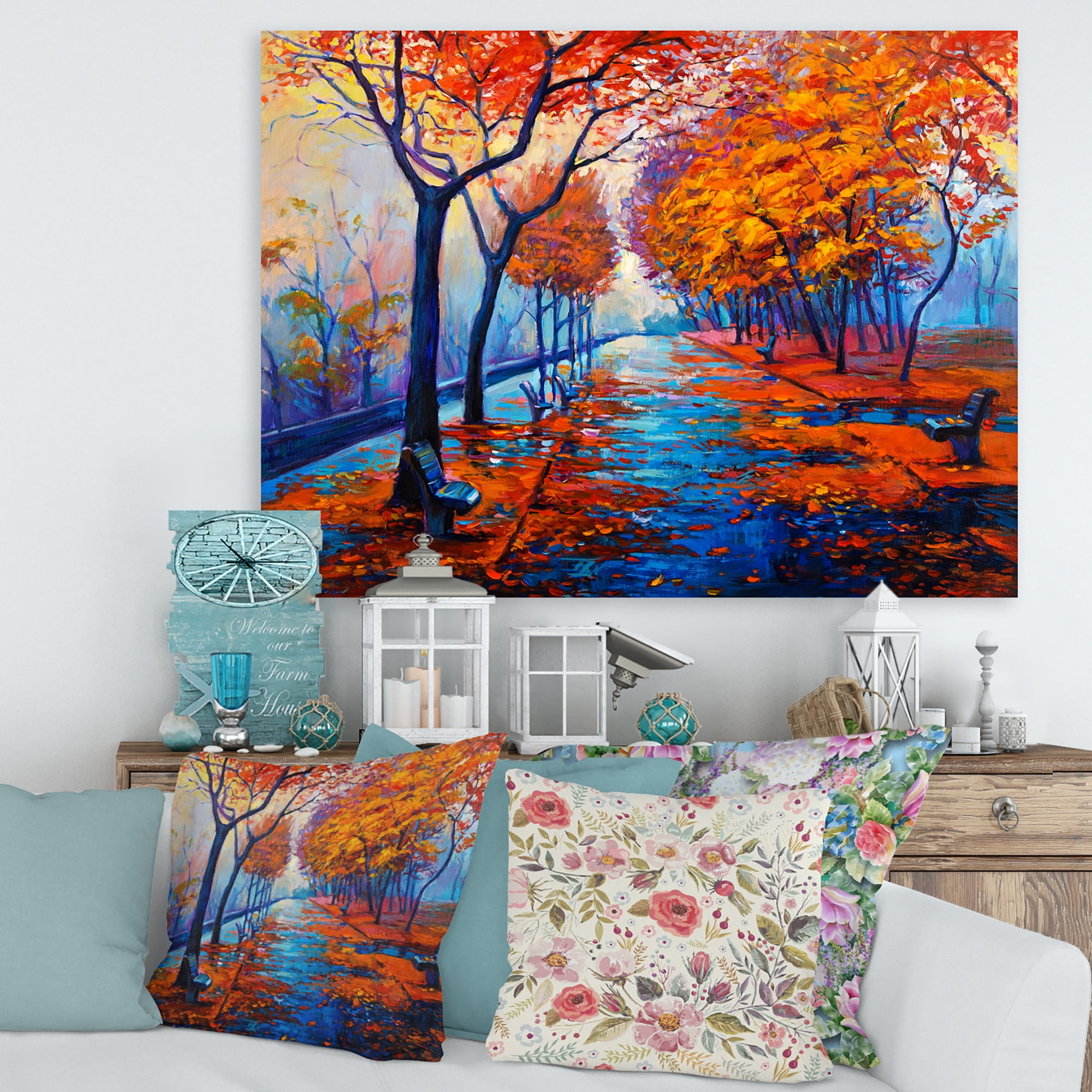 Designart ' Orange Autumn Landscape With Little Road III ' Traditional Canvas Wall Art Print