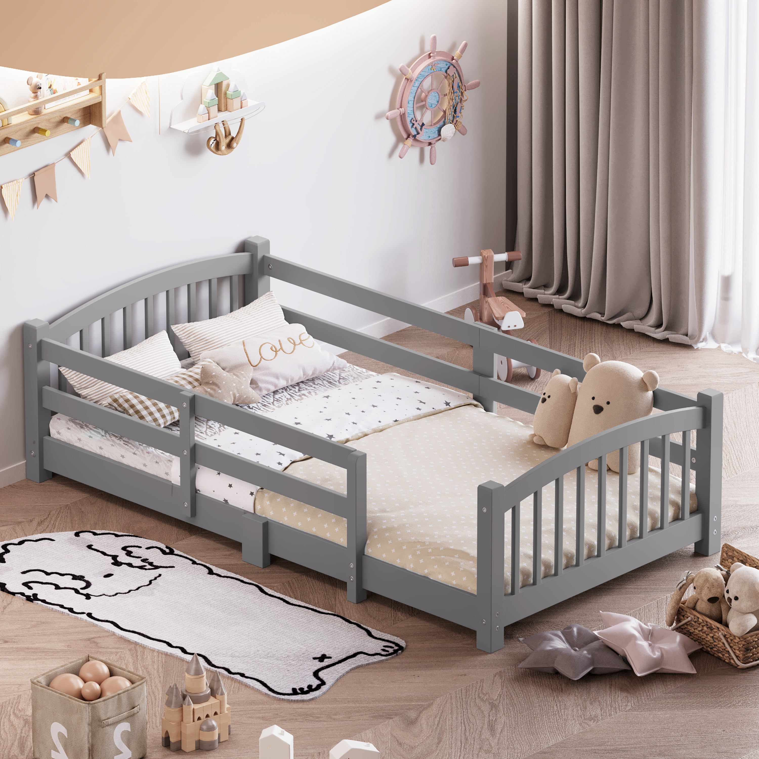 Twin Montessori Floor Bed with Safety Guardrails, Solid Pine Wood Platform Bed with Slats, Gray Toddler Bed for Boys Girls, Easy Assembly