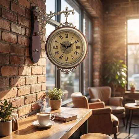 Large Wall Clock Double Sided,European Style Double Sided Alloy Wall Clock,Non Ticking Silent Clock for Indoor Outdoor Office Living Room Porch Clock Wall Decor