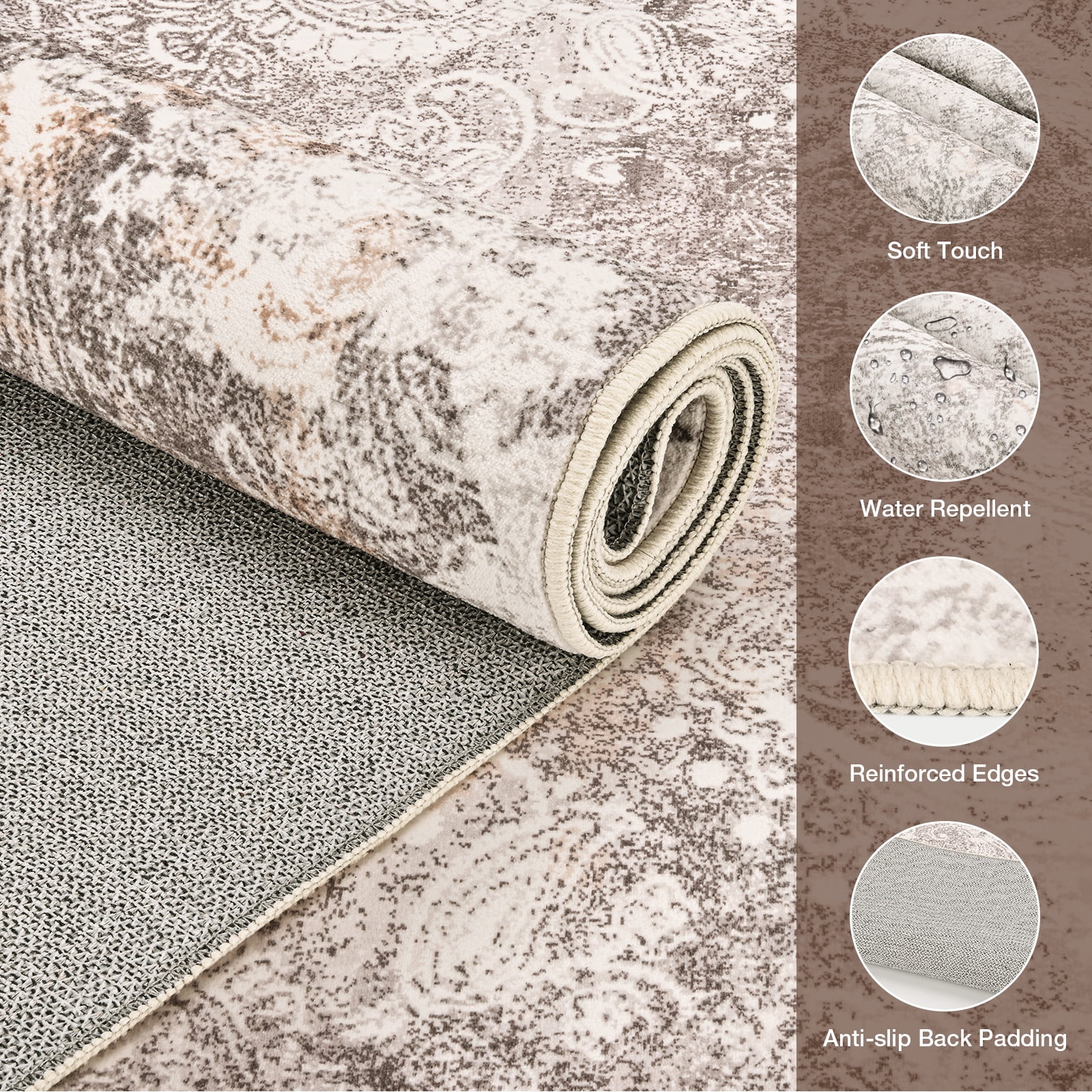 Washable Area Rug for Living Room, NovDeco 5'x7' Non-Slip Neutral Abstract Beige Indoor Rug, Soft Low Pile Stain Resistant Carpet for Bedroom Nursery