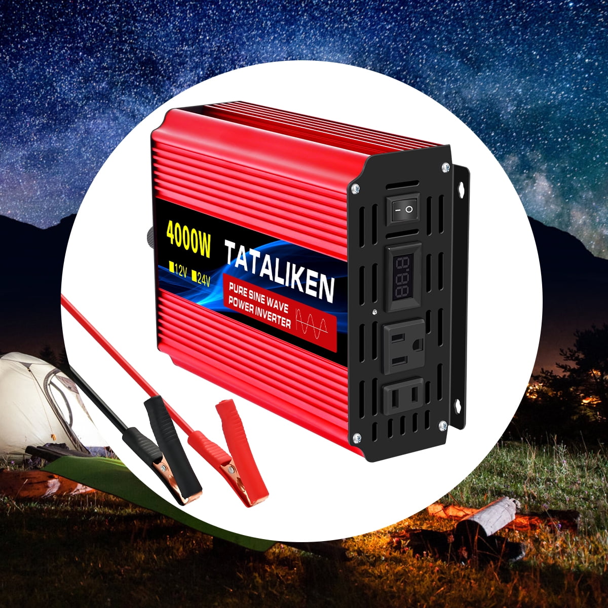 TATALIKEN 4000W（Rating power 1200 W）Pure Sine Wave Power Inverter DC 12V to AC 110V/120V Car Inverter with Battery Clamp Cable 2 AC Outlets for Power Tools Home Vehicles RV Truck, LCD Display Red