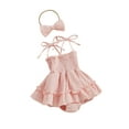 thumbnail image 2 of Musuos Baby Girls Summer Cute Romper Dress 0-18Months Solid Color Sleeveless Adjustable Shoulder Strap Romper with Headband, Pink/White, 2 of 10