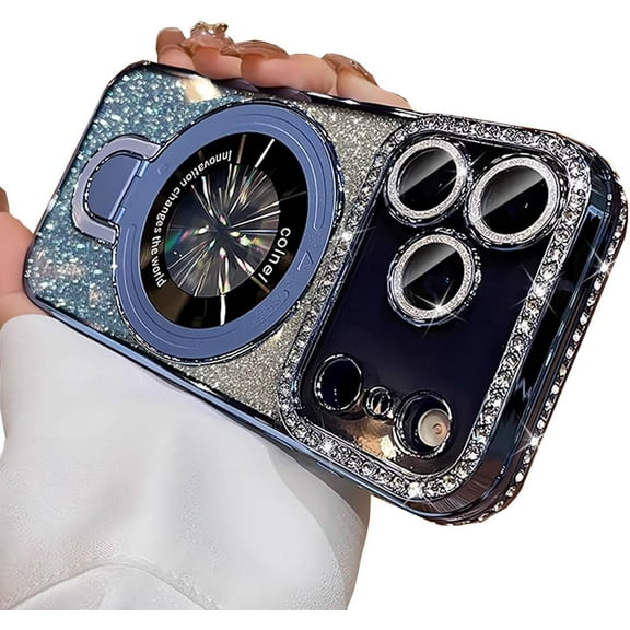 Magnetic Stand for iPhone 17 Pro Case, [Compatible with Magsafe][Built-in Camera Lens Protector] Luxury Glitter Bling Card Soft TPU Diamond Rhinestone Clear Cover for Women Girls 6.3'', Blue