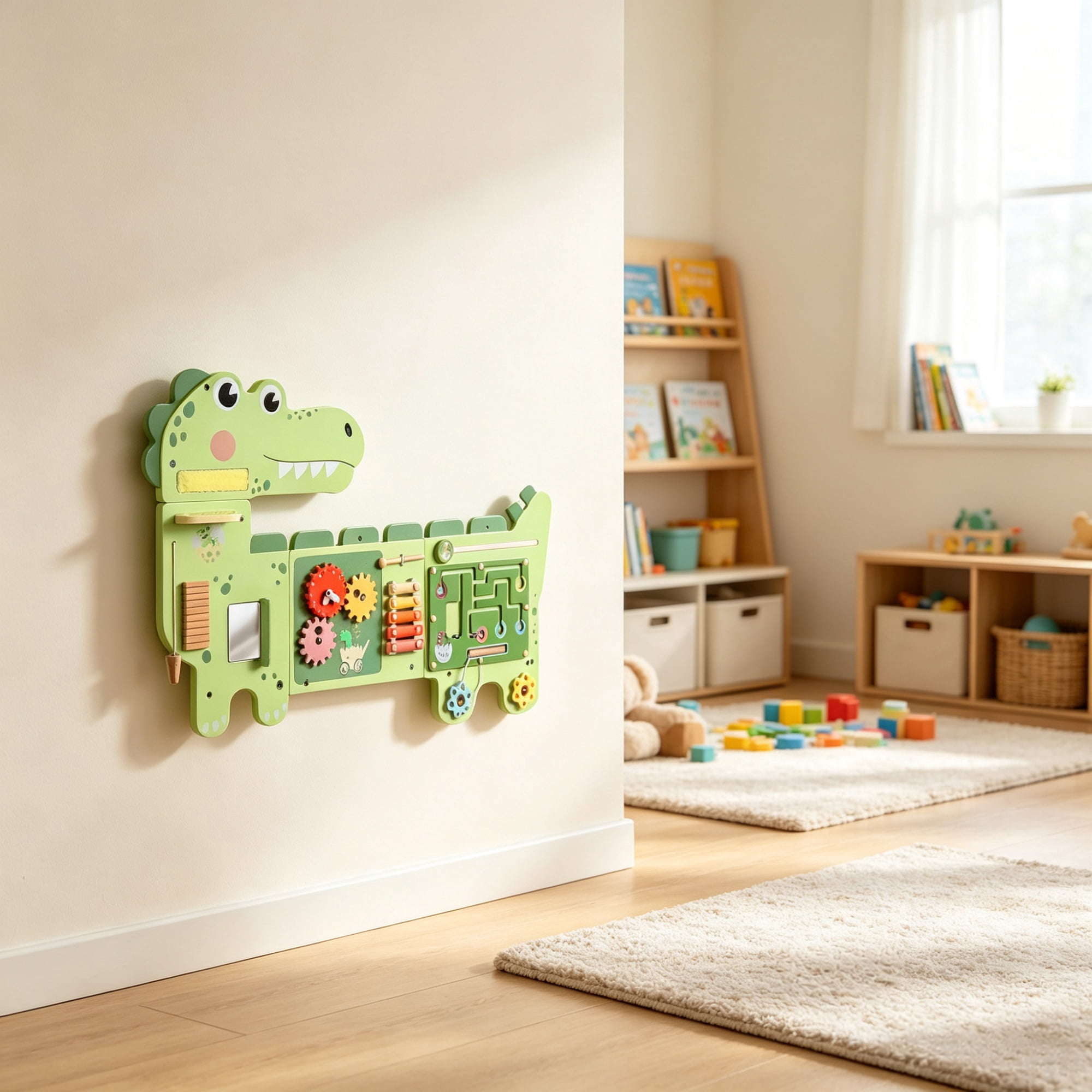 Green Dinosaur Wall-Mounted Sensory Toys, Montessori MDF Sensory Wall 87x52x5.5cm