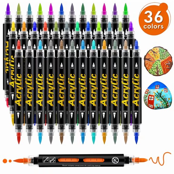 36 Colors Dual Tip Acrylic Paint Markers, Brush Tip and Fine Tip Automatic Ink Control, Long-Lasting & Waterproof Acrylic Paint Pens for Christmas Gifts, Rock, Canvas, Wood, Ceramic, DIY Art & Craf