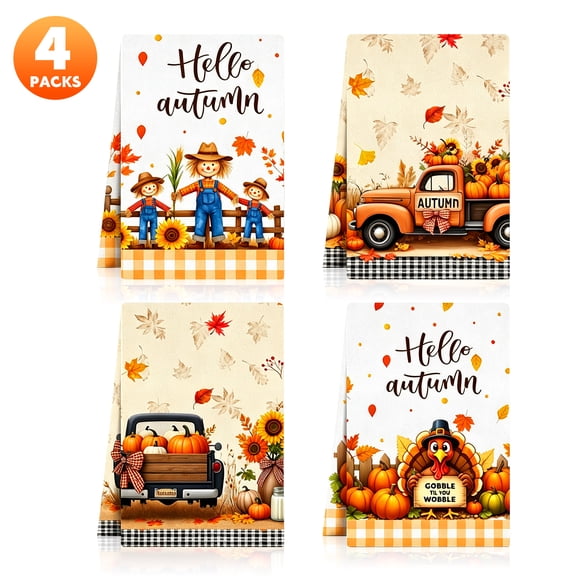 Godance Thanksgiving Fall Kitchen Towels Set of 4 - 16x24 Inch Rustic Pumpkin Gnome Dish Cloths, Absorbent Fast Drying Microfiber Hand Tea Towel for Home Decor, Autumn Harvest Decorative Towels