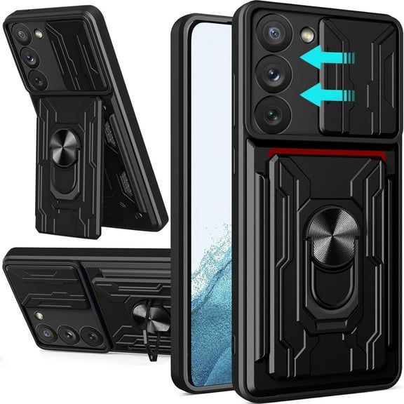 Dteck for Samsung Galaxy A54 Case with Sliding Camera Lens Cover, Military Grade Shockproof Heavy Duty Protective with Ring Kickstand & Detachable Card Holder Phone Case for Samsung A54 5G,Black