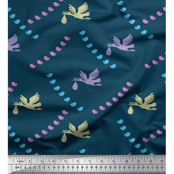 Soimoi Japan Crepe Satin Fabric Small Bird,Fish & Heron Bird Printed Fabric 1 Yard 42 Inch Wide