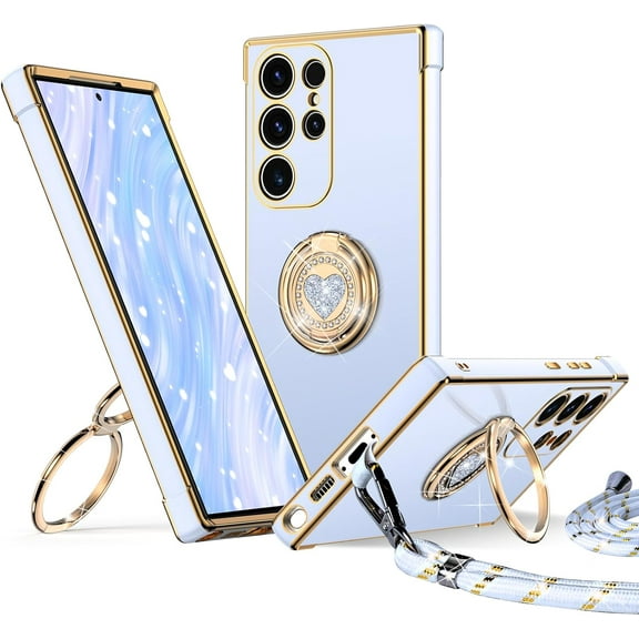 ZUKKASHAN for Samsung Galaxy S22 Ultra Case with Stand, Double Ring Holder Case Heart with Lanyard for Girls Women, Luxury Cute Bling Protective Phone Cover Case for Samsung S22 Ultra