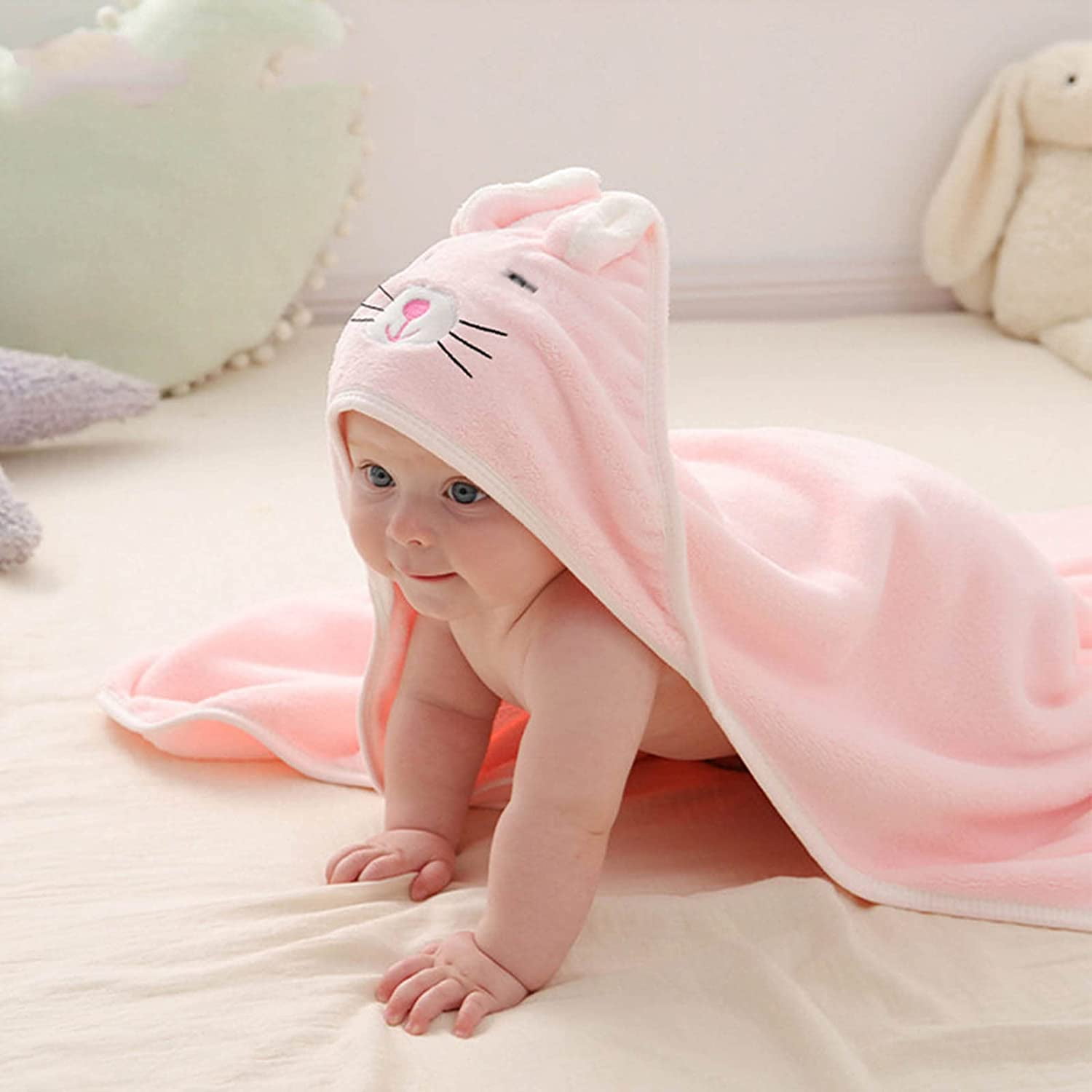 Chockeie Hooded baby Towel Baby Bath Towel Unique Animal Design Ultra Soft Absorbent for Boy and Girl Baby Gift Set Pink