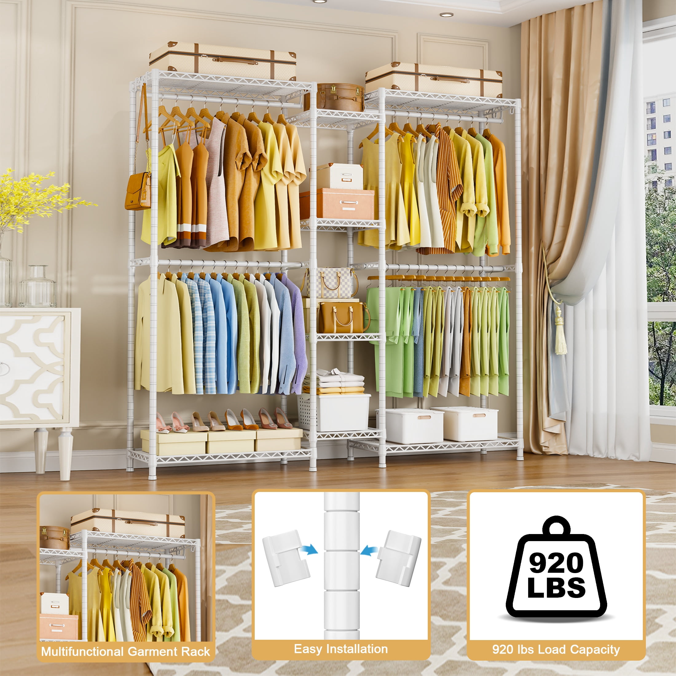 Ulif E4 Wire Garment Rack, Metal Freestanding Closet Organizer and Storage System, Heavy Duty Clothing Wardrobe with 8 Shelves and 4 Hanger Rods, Max Load 920 LBS, 70.9" W x 14.6" D x 79.3" H, Black