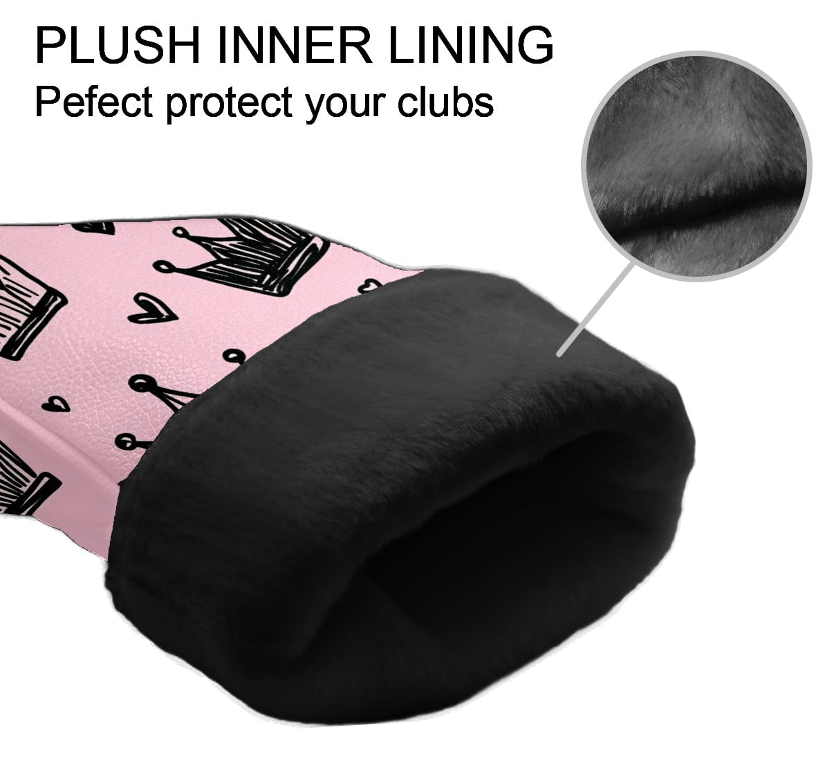 Golf Club Covers, Pink Black Crowns Premium PU Leather Driver Hybrid Putter Head Covers with Velvet Lining, Waterproof Golf Gifts for Men Women