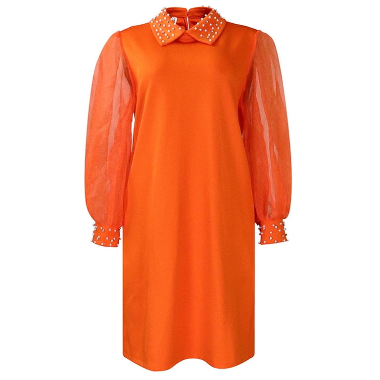 Women Casual Solid Dress Mesh Long Sleeve Turtleneck Bead Dress Button Loose Dress Wrap Dresses Summer Petite Womens Dresses Floral Dresses Womens 
