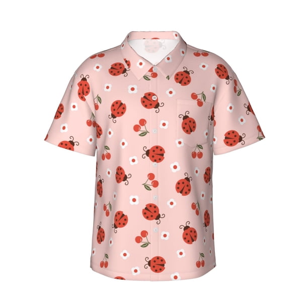 Fotbe Ladybug With Flower Camisa Hawaiana para Hombre Unisex – Camisa Casual de Verano con Botones de Manga Corta de Algodón y Lino,XX-Large
