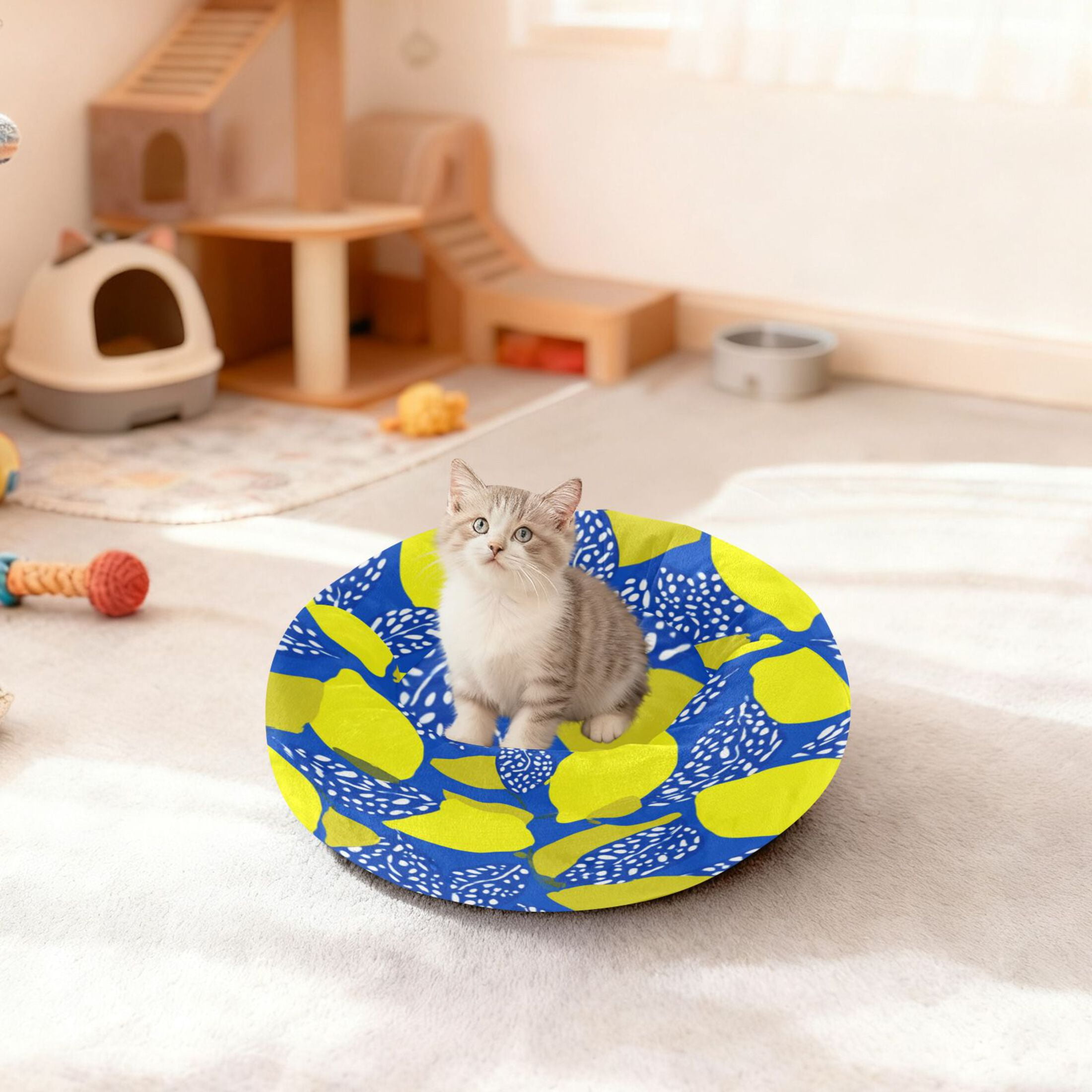 Iauyy Pet Couch Donut Cat Bed for Indoor Cats/Small Dogs Washable & Machine with Non-slip Bottom Calming Cat Furniture, Lemon Leaves (M)
