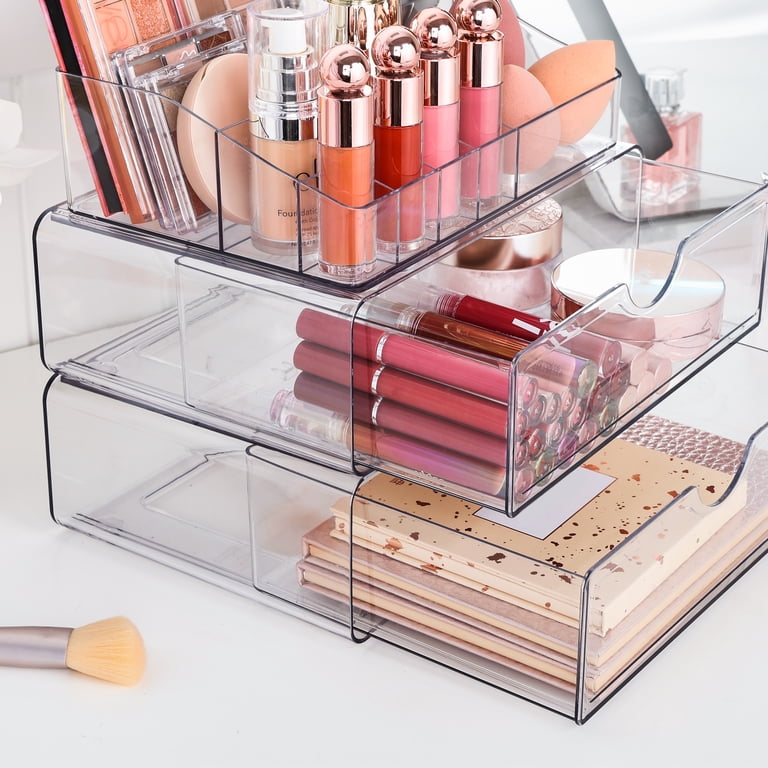 Sindcom 3 Tier Clear Makeup Organizer with Drawers and Divided Top Bin