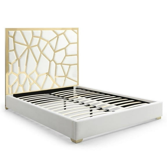 Pemberly Row King Velvet Bed with Gold Metal Frame in Cream Color