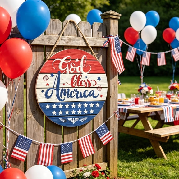 Cififendec 4th of July Wooden Door Sign, 11.81", God Bless America Hanging Wall Decor, Holiday Must-Have for Front Porches & Backyard Party Backdrops